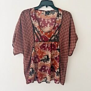 Y2K Sheer Patchwork Top Womens M Boho Fairy Grunge Layering Mixed Print Boxy